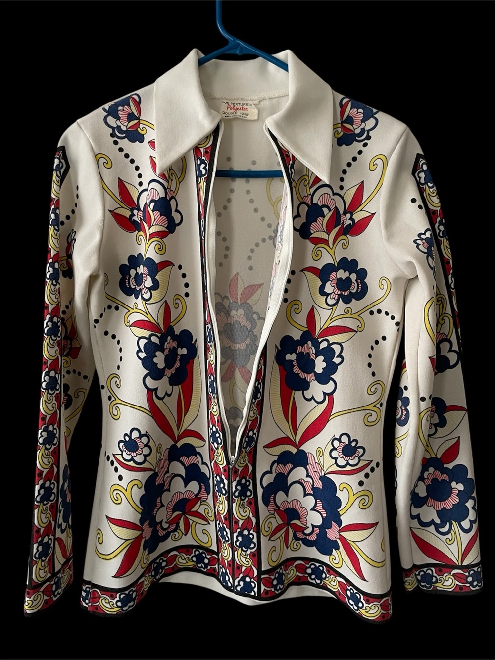 Vintage Polyester 70s Mod Double Knit Top - White with Multicolor Details - Picture 2 of 4